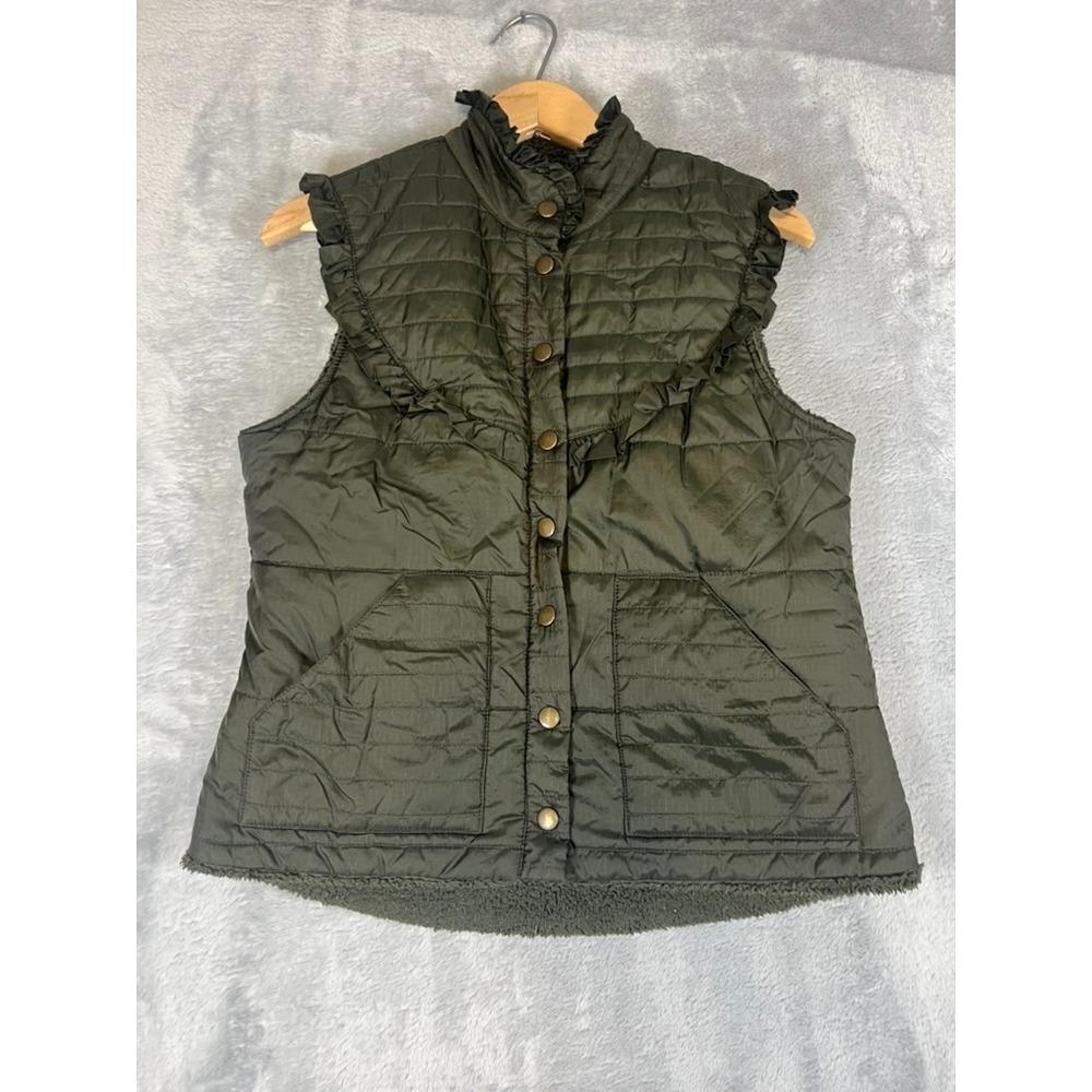 Free People Olive Green Quilted Ruffle Puffer Vest Snap Sherpa Lining Sz Small